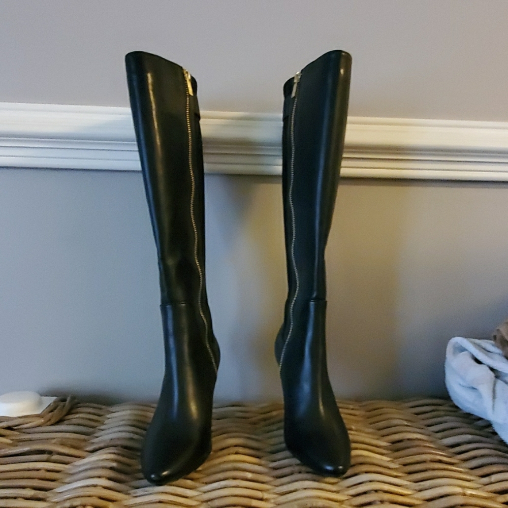 Calvin Klein black knee high boots- gold buckle